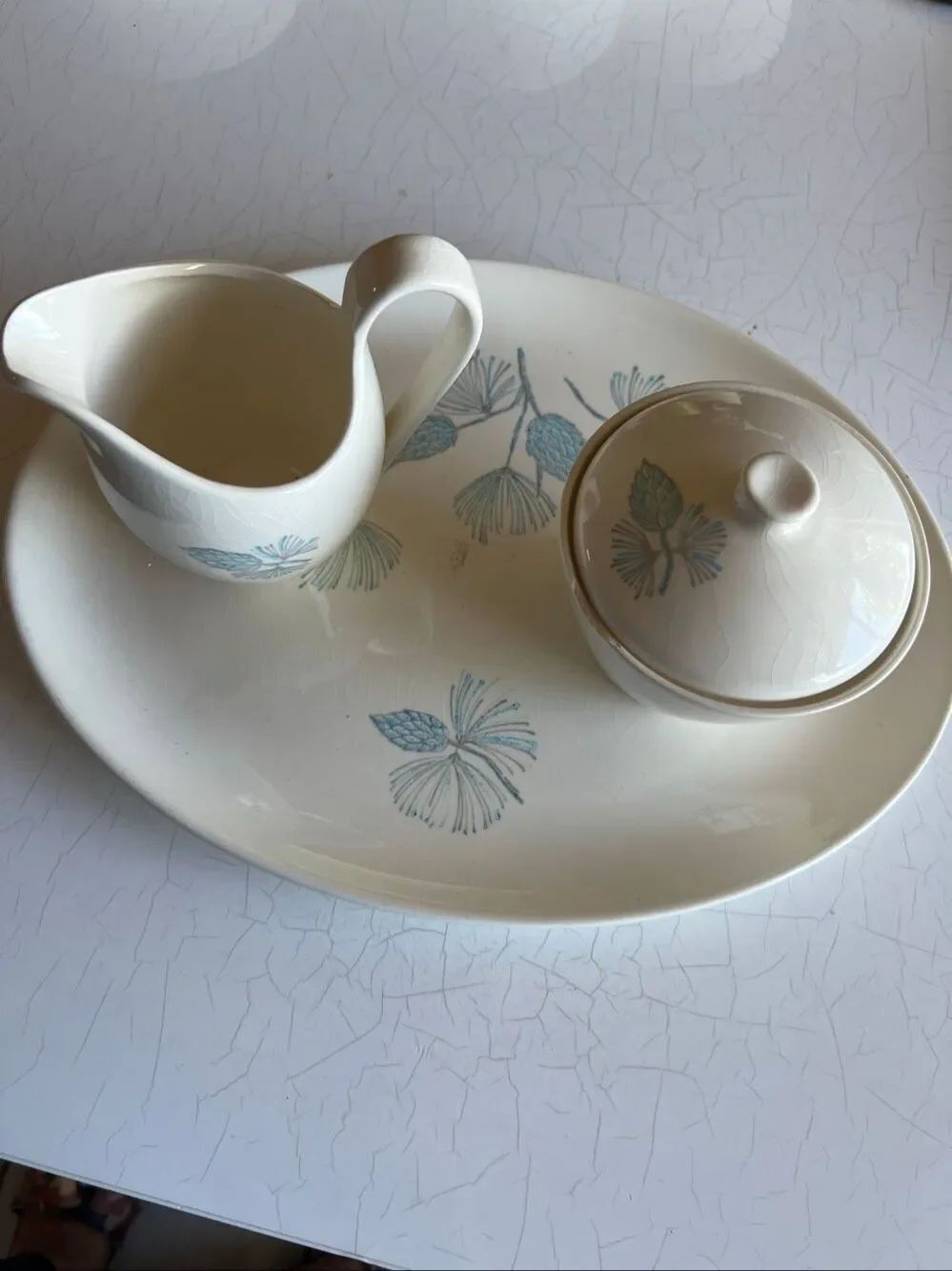 Marcrest Blue Spruce Dinnerware set of plater and cream and sugar cup VINTAGE